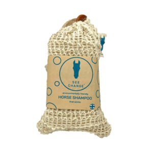 Eco-friendly horse shampoo in recyclable packaging.