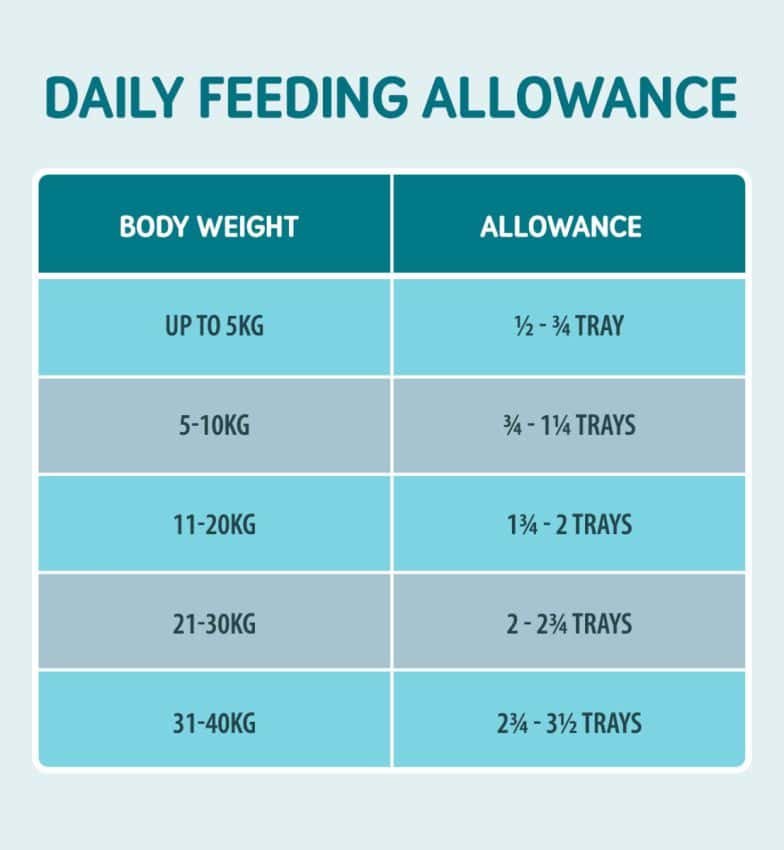 Daily feeding allowance chart for pet weight.