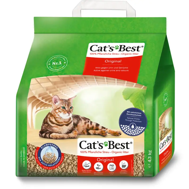 Cat litter package, Cat's Best Original, green packaging.