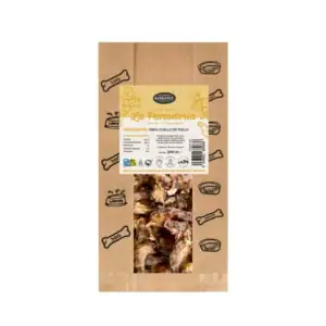 Dog treats in a brown paper package.