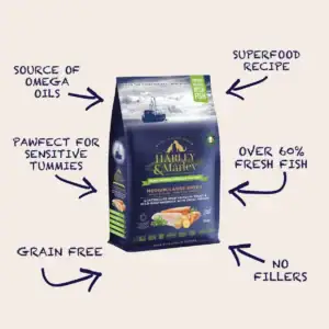 Harley & Marley dog food, grain-free, fresh fish, omega-rich.