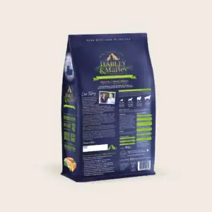 Harley Marley premium dog food package with ingredients.