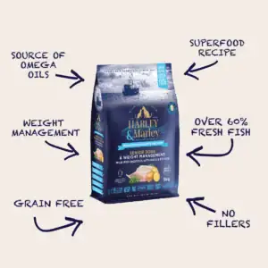 Senior dog food with fish, grain-free, superfood recipe.