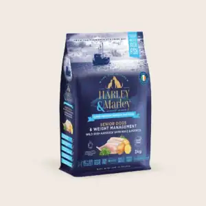 Dog food for senior dogs with fish and potatoes.