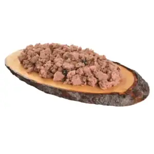 Ground meat on wooden platter
