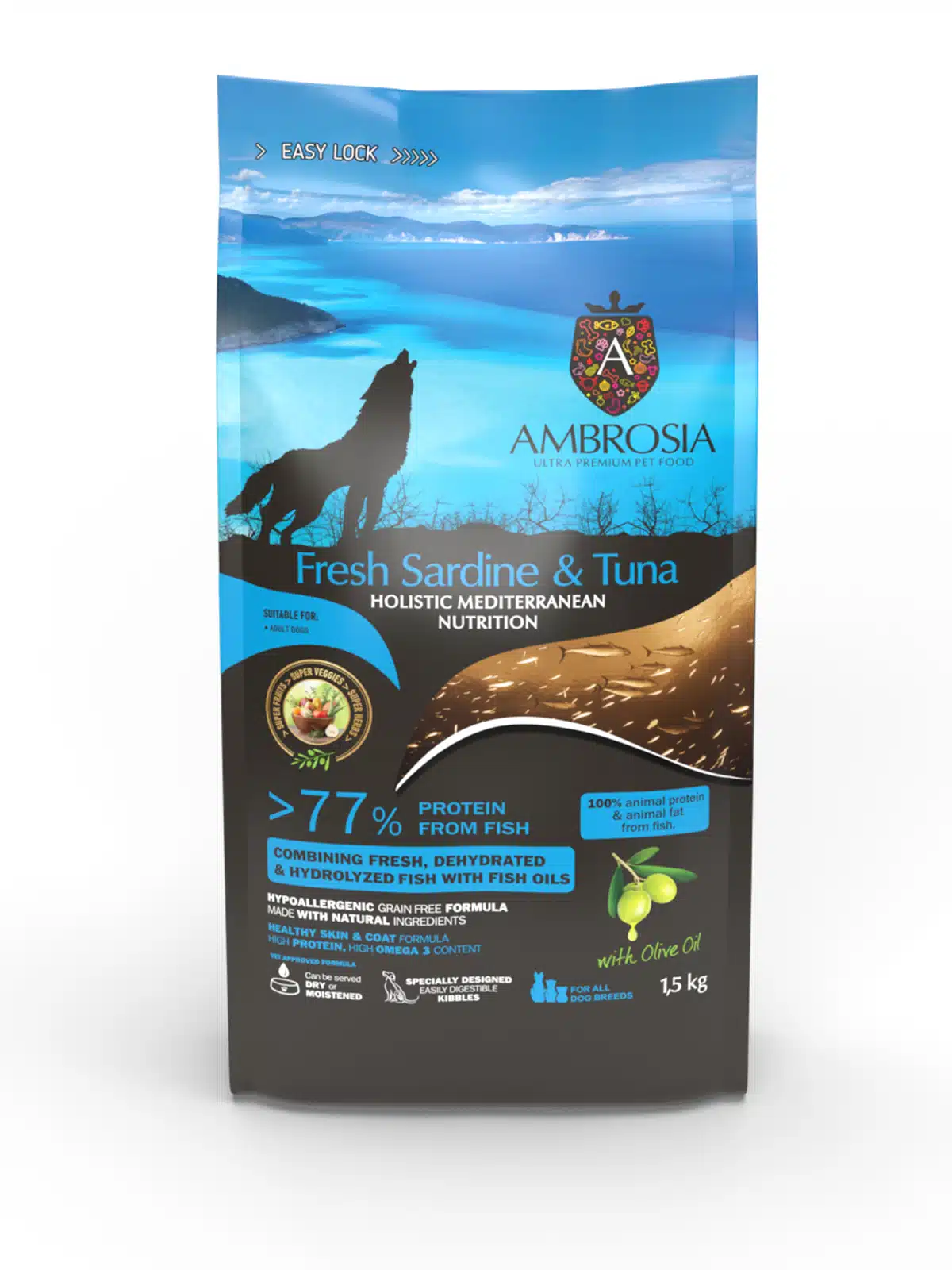 Ambrosia dog food with sardine and tuna flavour.