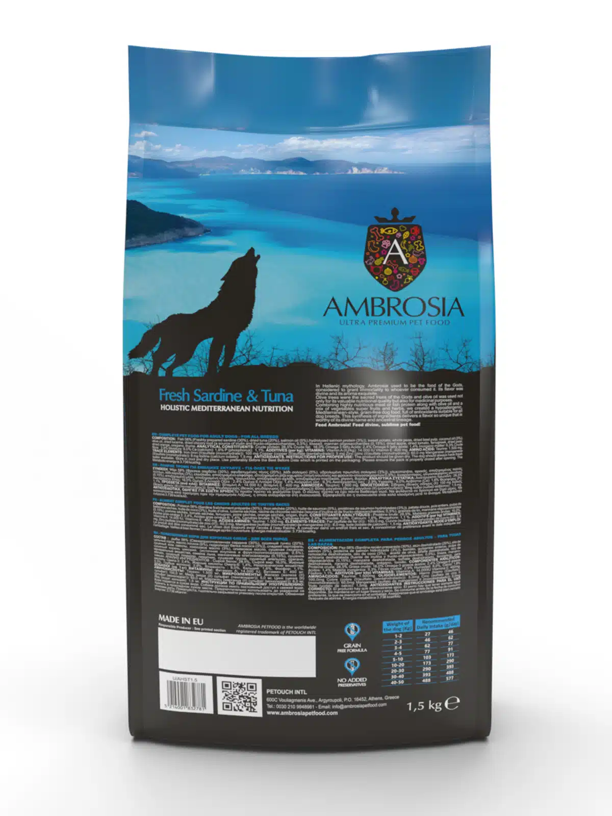 Ambrosia pet food bag with scenic design.