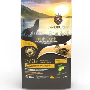 Ambrosia dog food with duck and olive oil.