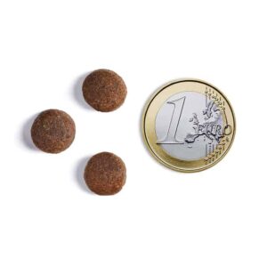 Three pellets next to one euro coin.