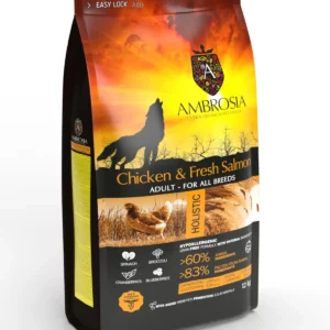 Ambrosia chicken and salmon dog food packaging.